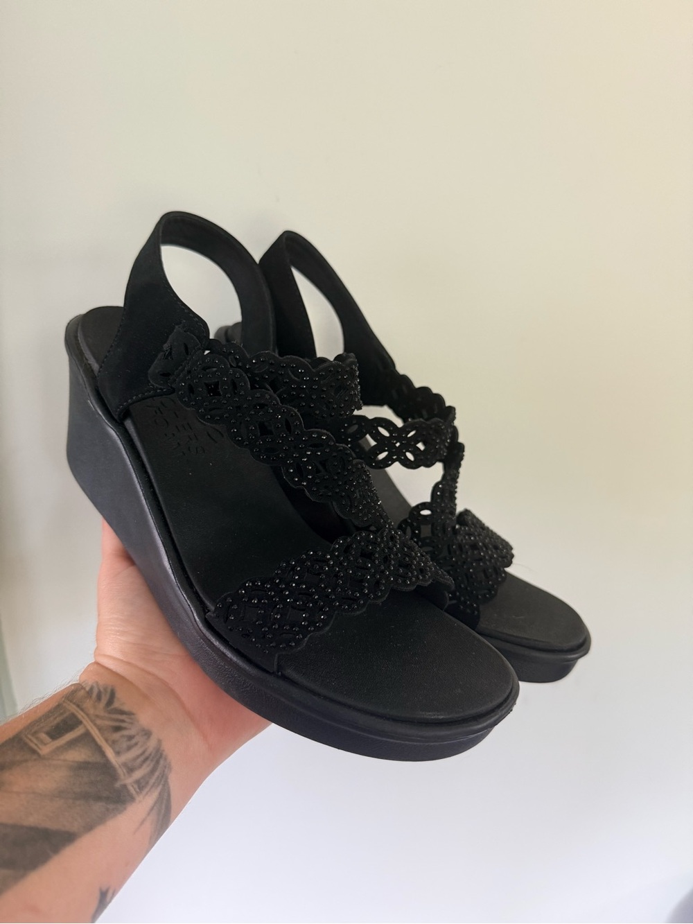 Skechers Black Beaded Slingback Wedge Sandals